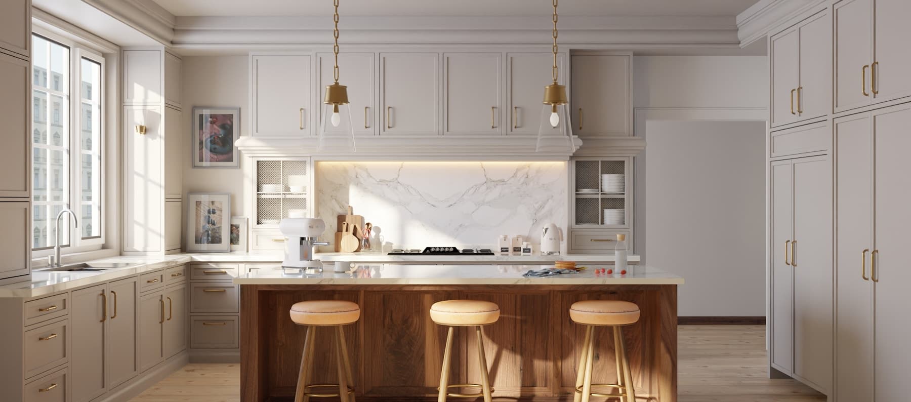 Warm luxury kitchen with Calacatta-style stone surfaces